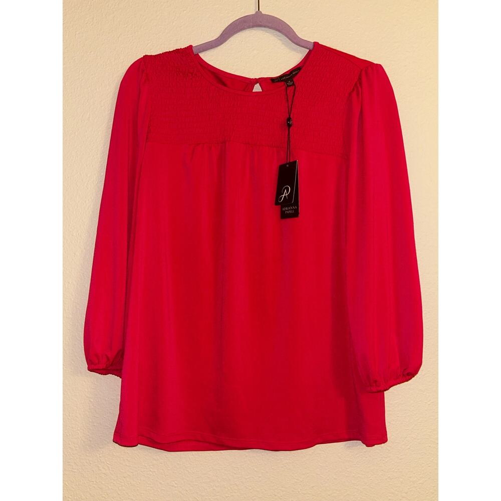 Adrianna Papell Hippie Preppy VSCO Pink Rose Smocked Yoke 3/4 Sleeve Top